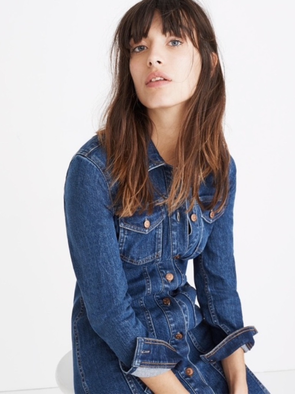 Madewell Dark Blue Denim Seamed Button-Front Dress | Size Small - Picture 3 of 6